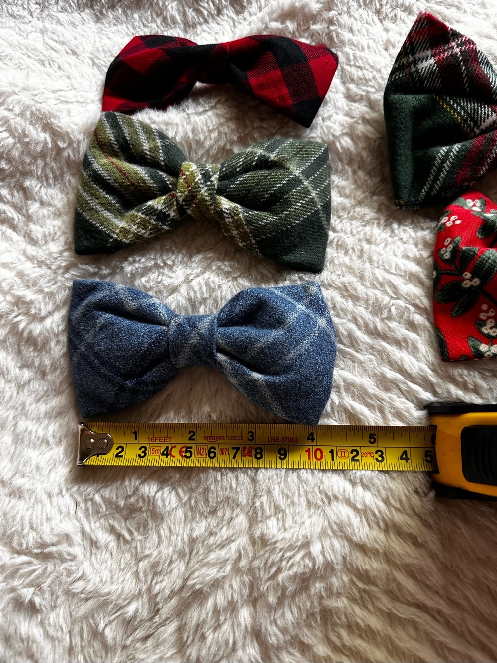 The Foggy Dog Holiday Plaid & Denim Bow Set in Red, Green, Blue - Picture 4 of 7